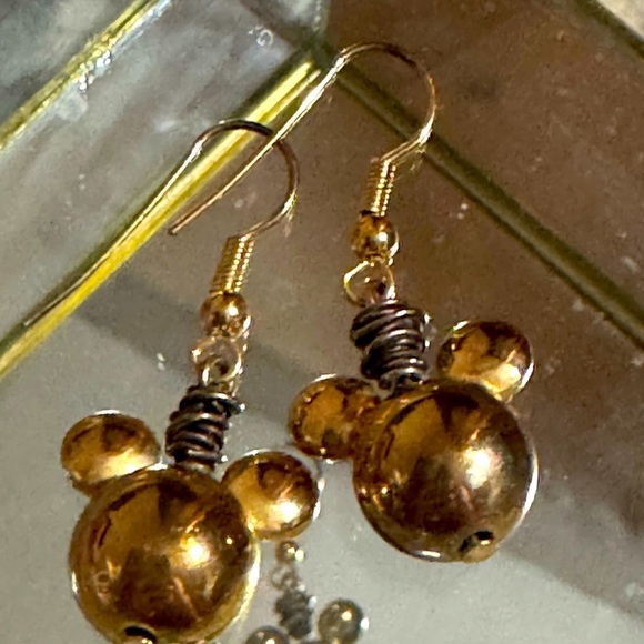 VINTAGE GOLD BEAD MICKEY MOUSE DANGLE EARRINGS - Picture 3 of 6